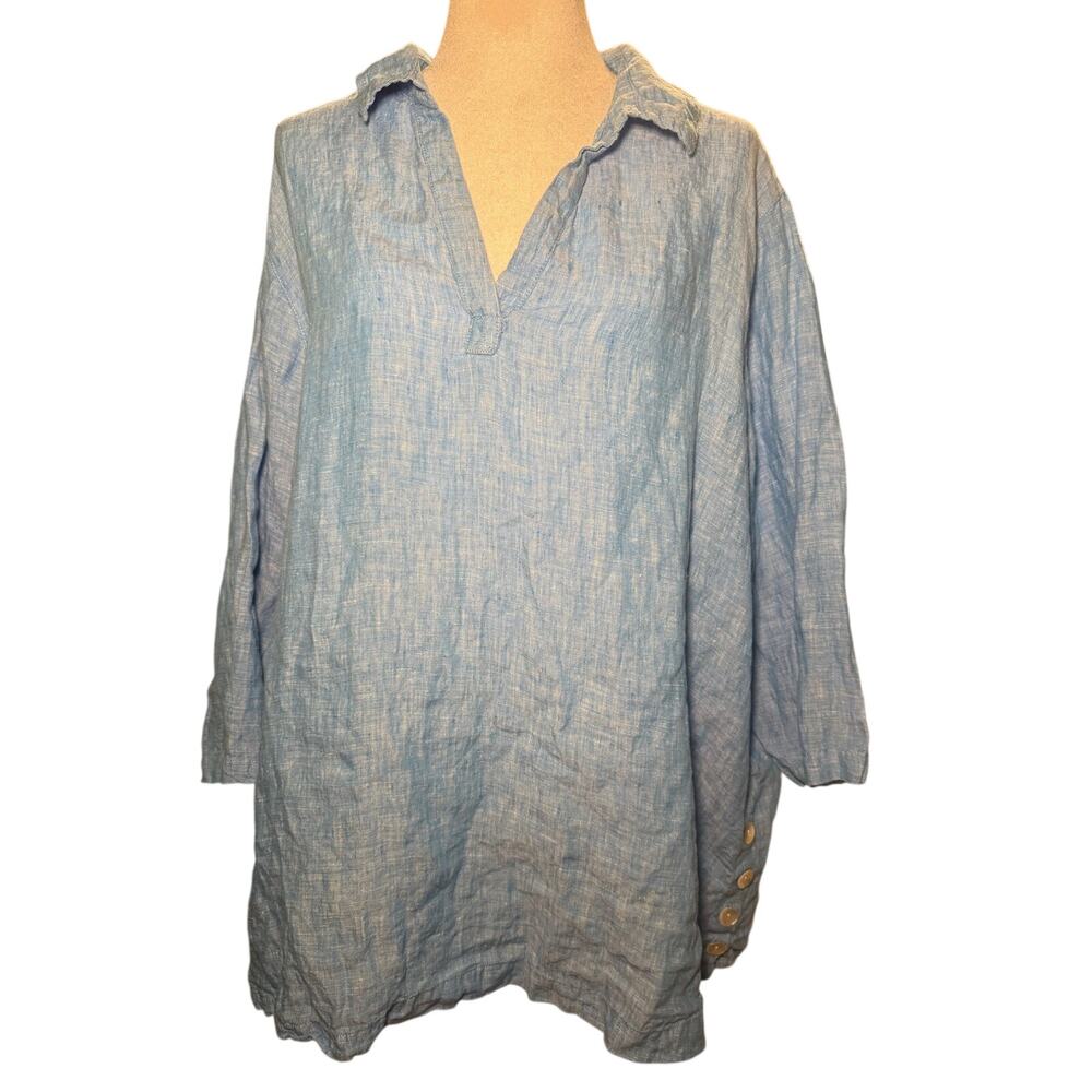 Tahari 100% Linen Blue Tunic Top, Split Neck Button Hem, Women's Plus Size 3X